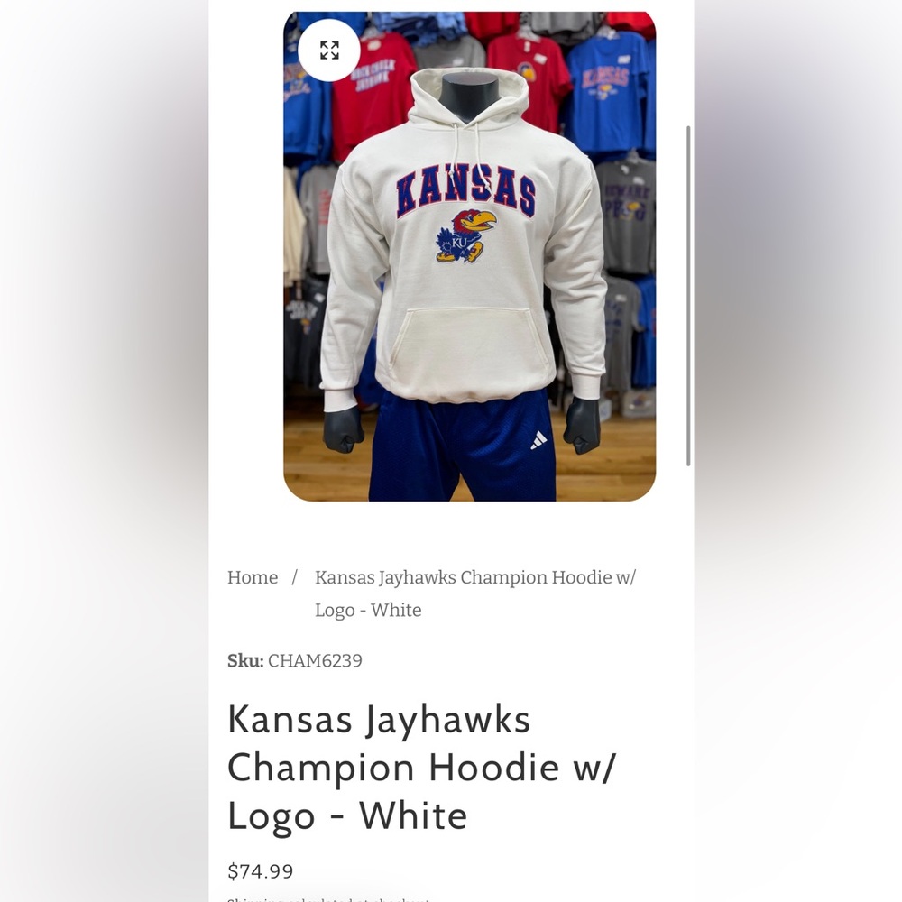 Champion Kansas Jayhawks Hoodie White Small NCAA KU Logo